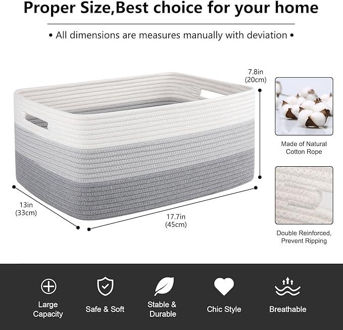 Large Storage Basket for Organizing, Woven Rope Basket for Shelves, Closet Organizer Bins for Clothes, Blanket, Toys, Baby Nursery Storage, 17.7