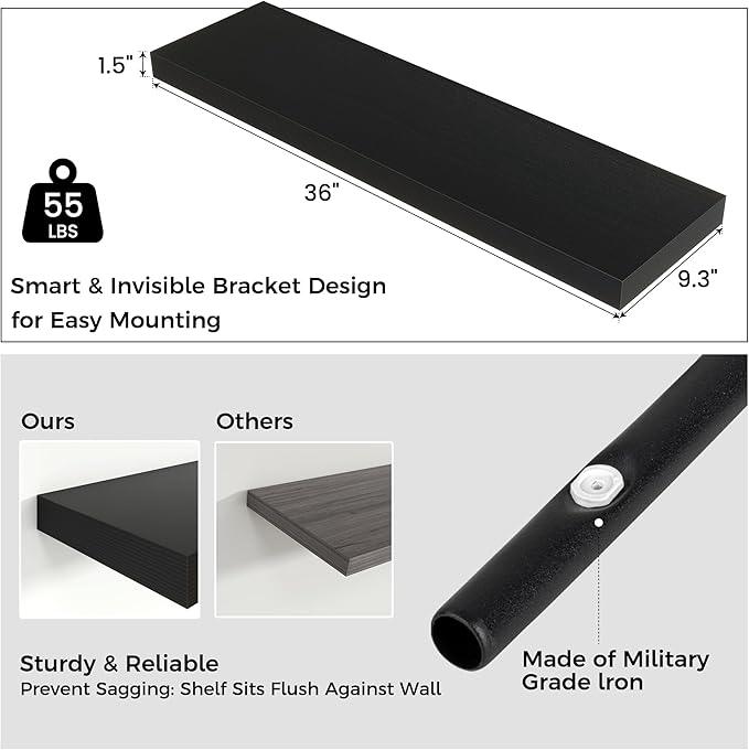 Floating Shelves - 2 Large Wall Mounted Shelves with Invisible Brackets, Long Wood Floating Wall Shelf for Living Room, Bedroom, Kitchen (Black, 36