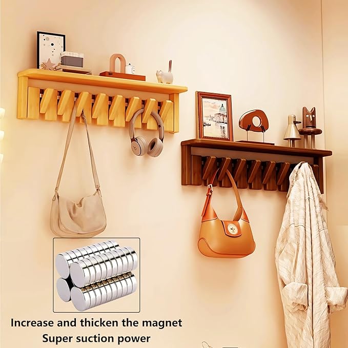 Wall Mounted Piano Key Hanger | Flip Style Hook | Entrance Wall Art Hook, Made of Oak Wood (3 Times Painted, 4 Times Polished) (Tray Beech, 6Hooks)