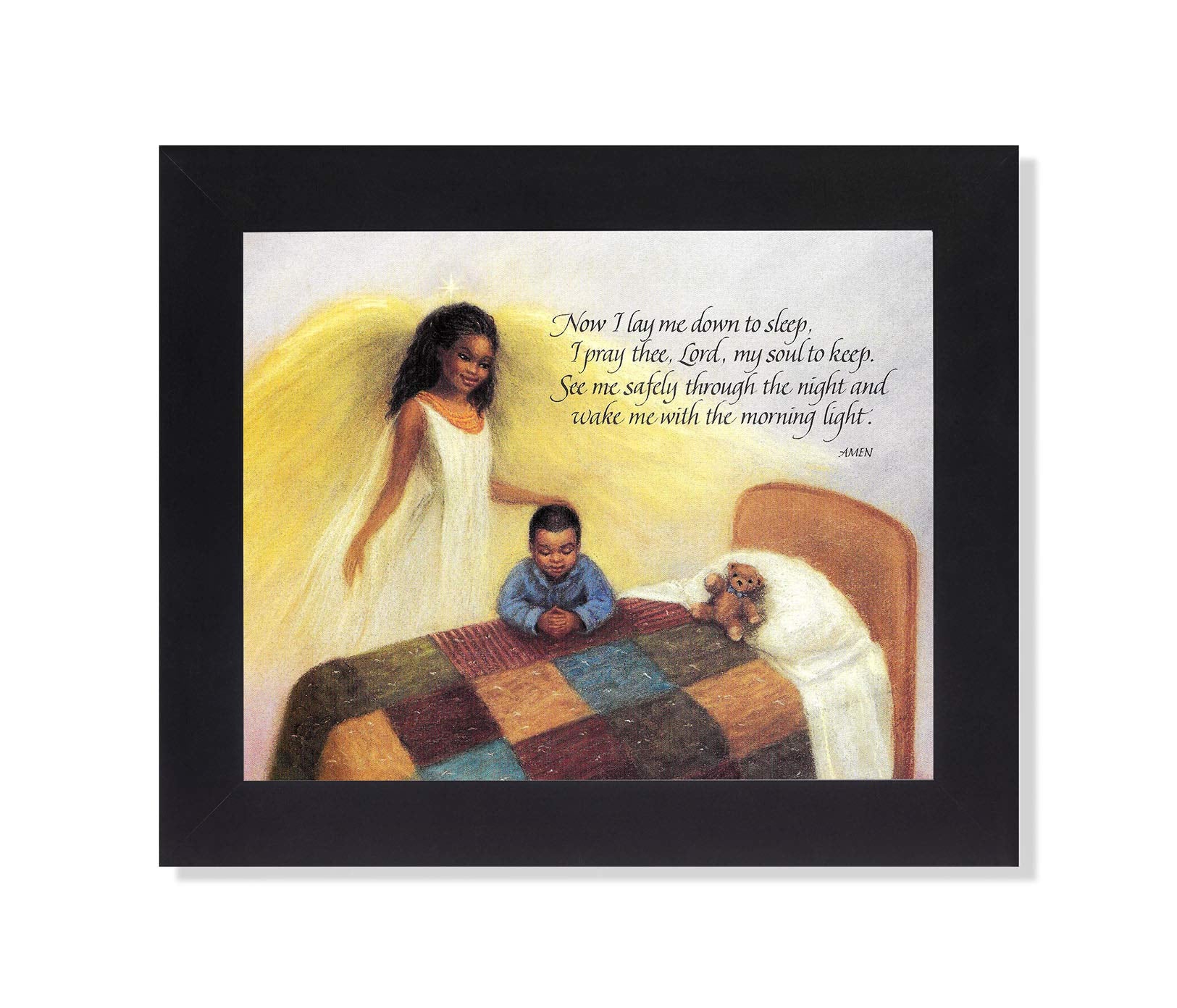 Framed Art Print Black Guardian Angel Boy Praying 8x10 Oak Frame Artwork