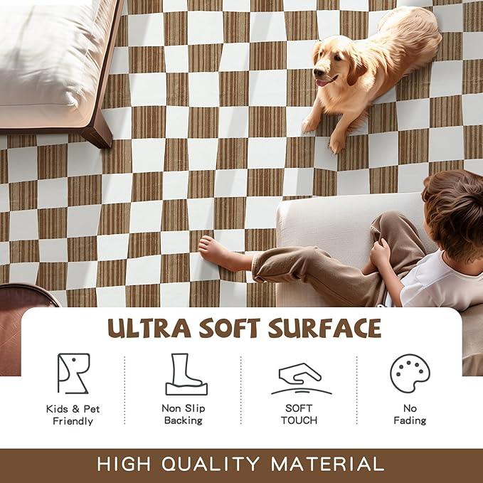 jinchan 5x7 Brown Checkered Area Rugs for Kids Room - Machine Washable Rug Modern Neutral Geometric Lattice Soft Non-Slip Carpet for Nursery Playroom Classroom Living Room Bedroom Home Office