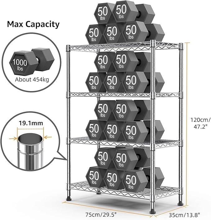 1000 lbs Storage Shelving Steel Heavy Duty 4-Tier Utility Shelving Unit Steel Organizer Wire Rack for Home,Kitchen,Office,Chrome (13.7