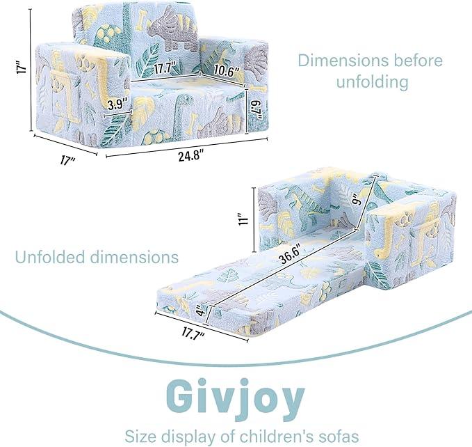 Toddler Chair Kids Couch, 2-in-1 Toddler Soft Sherpa Couch Fold Out Armchair Glow in The Dark with Removable Cover, Convertible Reading Chair Sofa for Kids, Plush Green Dinosaur
