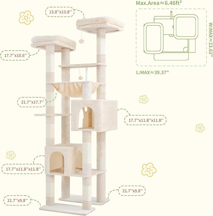 Hey-brother Tall Cat Tree Tower, Heavy Duty Scratching Posts with Large Platforms, Cozy Condos, Big Hammock, Toy Balls, Multi-Level Furniture for Indoor Adult Cats, 80.7 Inches, Beige MPJ039M