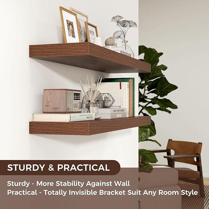 Floating Shelves - 2 Large Wall Mounted Shelves with Invisible Brackets, Long Walnut Wood Floating Wall Shelf for Living Room, Bedroom, Kitchen (36
