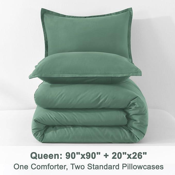 Litanika Comforters Queen Size Haze Green, 3 Pieces Lightweight Solid Bedding Set & Collections, All Season Fluffy Bed Set (90x90 Inches Comforter & 2 Pillowcases)
