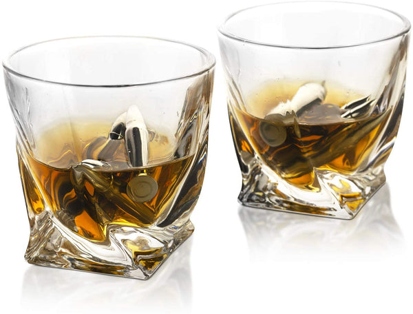 Whiskey Stones Gift Set for Men, by The Wine Savant, 6 Stainless Steel Whiskey Stones, 2 Twisted Glasses, Freezer Pouch & Special Tongs in Pinewood Box