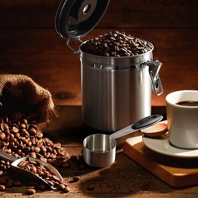 ShanSon Coffee Canister Airtight Coffee Container Stainless Steel Coffee Bean Storage Container with Scoop Coffee Canister for Beans Grounds Sugar Flour Tea Cereal,16OZ,Silver