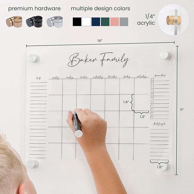 Personalized Clear Acrylic Calendar for Wall, Calendar Whiteboard for Wall, Dry Erase Wall Calendar, Wall Calendar Organizer System for Home (Cursive, Blush, 14
