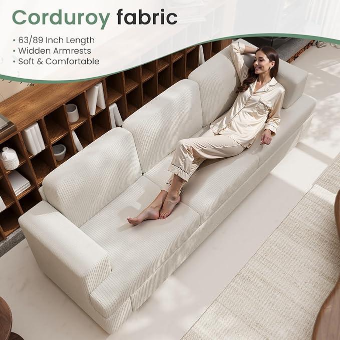 2 Pieces Corduroy Couch Set for Living Room, 6 Seats Cloud Sofa, Deep Seat Floor Couch for Bedroom, Futon Modern Sofa Bed, White Corduroy