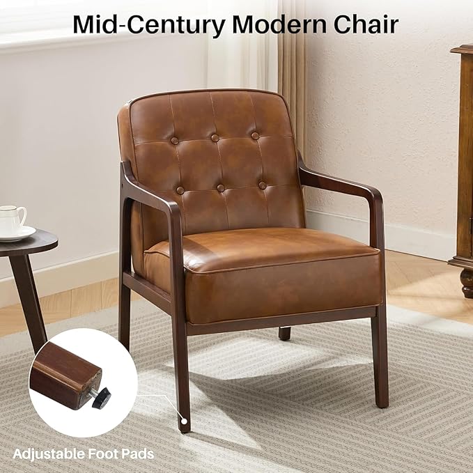 Faux Leather Accent Chair Set of 2, Mid Century Chair for Living Room, Upholstered Comfy Lounge Armchair with Solid Wood Frame, Modern Chair for Bedroom,105°Ergonomic Comfort, Brown