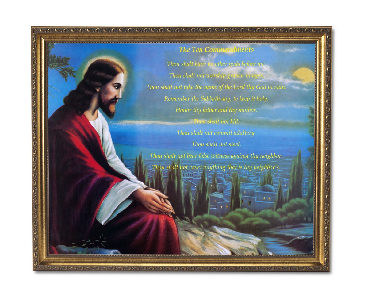 Jesus Religious Wall Art – Gold Framed Ten Commandments Print With Red Robe