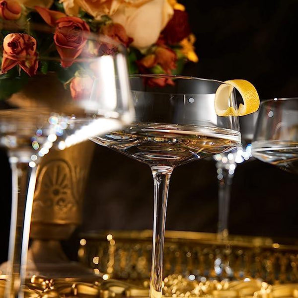 Luxury Martini Glass Set of 4 | 10oz | Crystal Luxury Martini with Silver Spoon, Premium Hand-Blown | Classic Cocktail & Champagne Clear Coupes For Manhattan, Cosmopolitan, Sidecar, Speakeasy Goblets