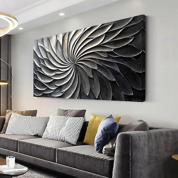 LASMOND Abstract Black and White Wall Art for Living Room Modern Canvas Print Painting Lines Flower Floral Large Artwork Bedroom Home Office Wall Décor (40x20 Inches)