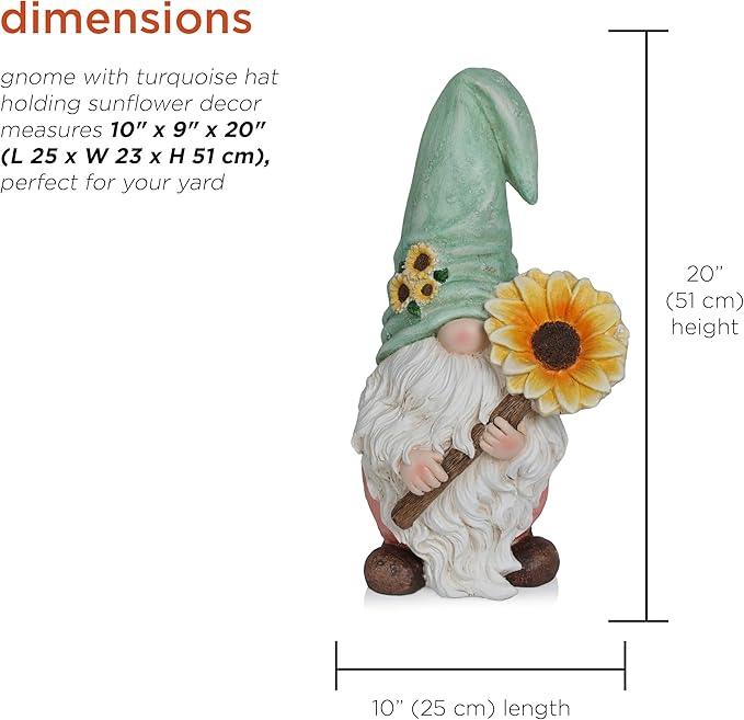 Alpine Corporation MCC842 Indoor/Outdoor Gnome Holding Sunflower Garden Statue, Charming Gnome Statue w/Hat, 21