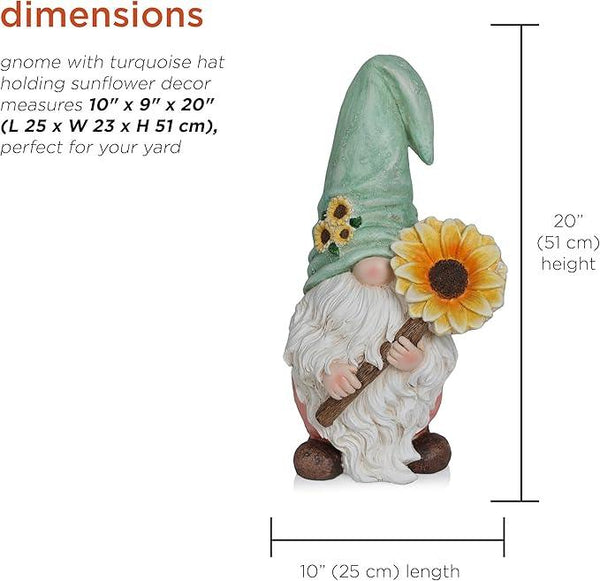 Alpine Corporation MCC842 Indoor/Outdoor Gnome Holding Sunflower Garden Statue, Charming Gnome Statue w/Hat, 21