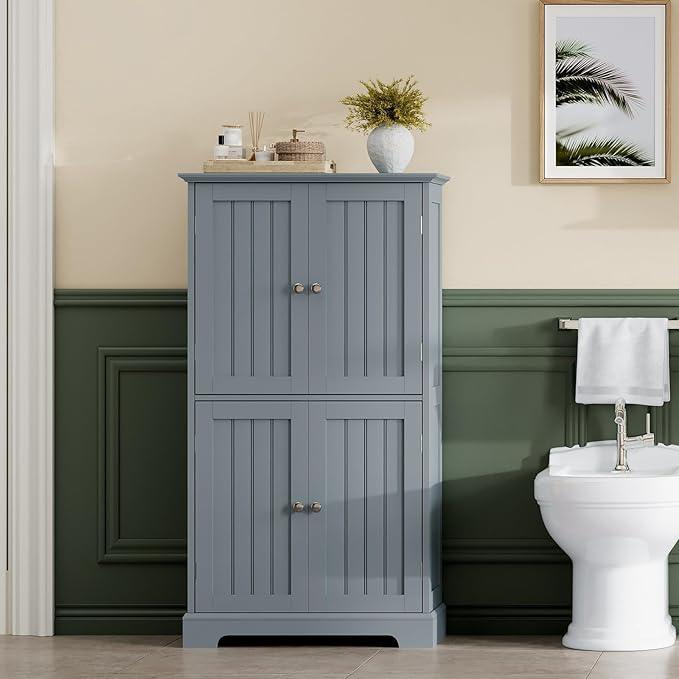 ChooChoo Bathroom Floor Cabinet, Modern Bathroom Storage Cabinet with 4 Doors and Adjustable Shelves, Freestanding Cupboard for Living Room, Grey