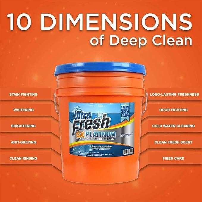 Ultra Fresh Liquid Laundry Detergent Washing Soap, 6X Platinum, ColdWater, 5 Gallon – Fabric Odor Remover to Wash Clothes and Sheets