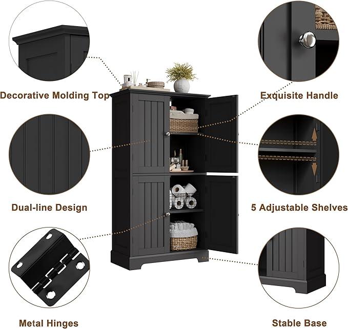 ChooChoo Bathroom Floor Cabinet, Modern Bathroom Storage Cabinet with 4 Doors and Adjustable Shelves, Freestanding Cupboard for Living Room, Black