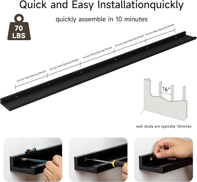 Floating Picture Ledge Shelves for Wall Set of 2, 95 Inches Picture Ledge Shelf with Long Large Nursery Book Shelf for Toys Storage Kids Bookshelf Wall Mounted Living Room Bedroom Decor Frames, Black