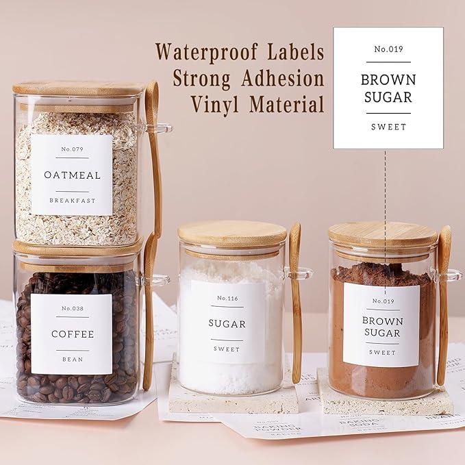 6 Pack Glass Jars with Bamboo Lid and Spoons - 17Oz/27Oz Borosilicate Glass Jars with 132 Pantry Labels - for Coffee Beans, Tea, Sugar & More