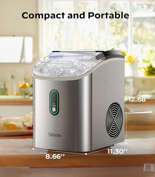 Silonn Nugget Ice Maker Countertop, Pellet Ice Machine with Self-Cleaning Function, Sonic Ice Maker Produces 33lbs of Chewable Ice in 24 Hours, Ideal for Home Kitchen and Office, Stainless Steel