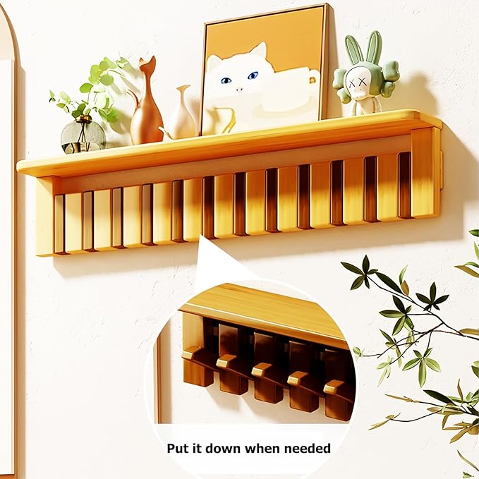 Wall Mounted Piano Key Hanger | Flip Style Hook | Entrance Wall Art Hook, Made of Oak Wood (3 Times Painted, 4 Times Polished) (Tray Beech, 6Hooks)