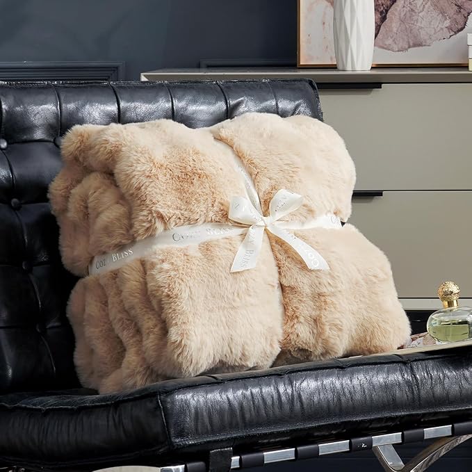 Cozy Bliss Faux Fur Throw Blanket for Couch, Fuzzy Soft Plush Thick Bubble Blanket for Sofa Bedroom Living Room, 50 * 60 Inches Beige