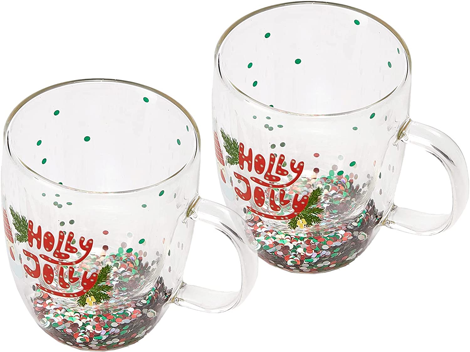 Set of 2 Holly Jolly Christmas Design Tumbler Mugs - Confetti Filled 9.5 oz Decorated Christmas Glass - Perfect for Wine, Eggnog, Cocoa, Holiday Parties & Festivities - 4.25