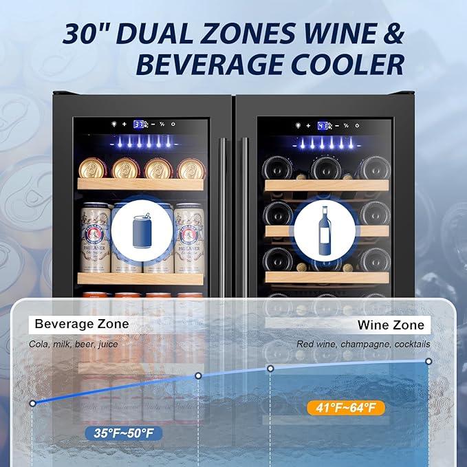 Tylza 30 Inch Wine and Beverage Refrigerator, Dual Zone Wine Beverage Cooler 30
