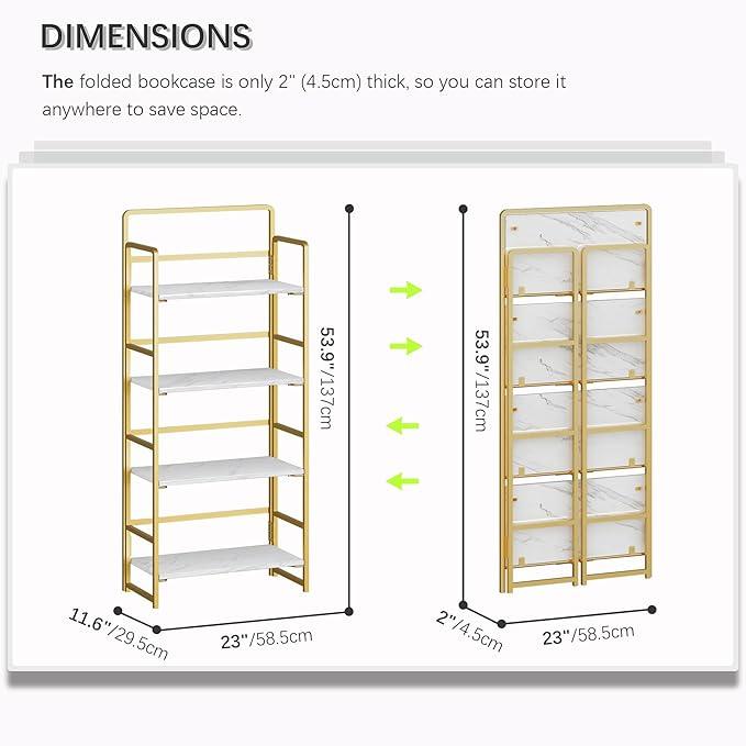 4NM No Assembly Foldable Bookshelf, 4-Shelf Collapsible Bookcase Storage for Small Spaces, 54