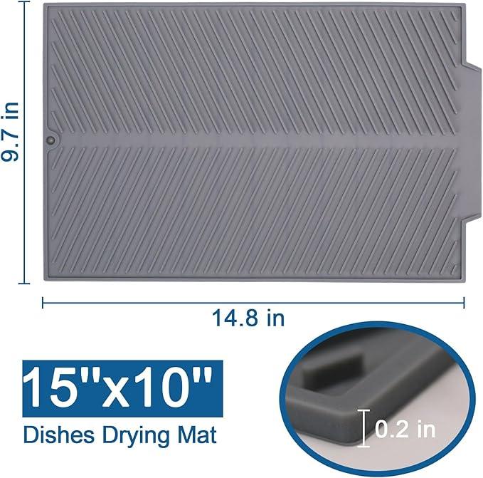 Silicone Dish Drying Mat for Kitchen Counter, 15''x 10'' Drying Mat with Drain Lip, Non-Slip Dish Drainer Mats with Built-in Drain, Heat Resistant Drain Pad on Countertop, Gray