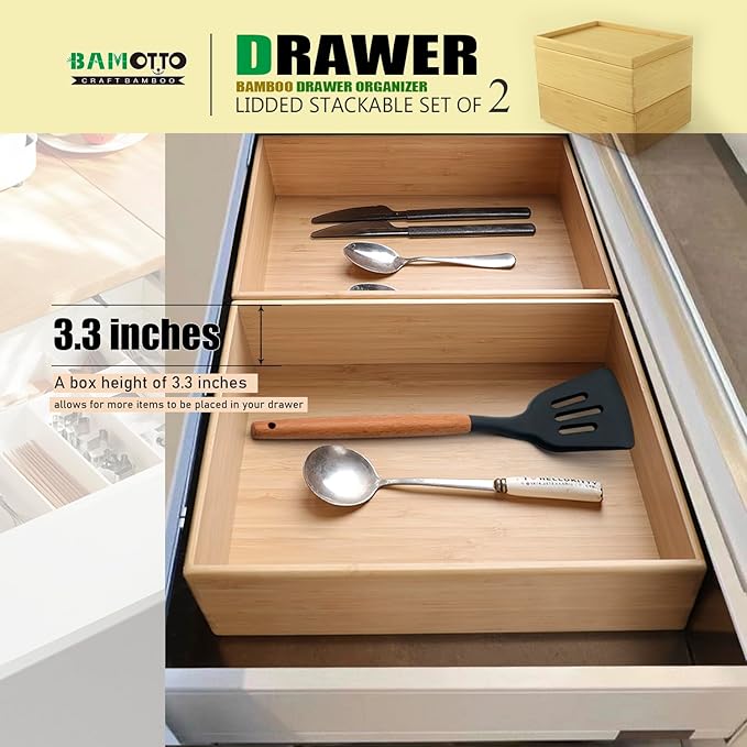 Stackable Bamboo Drawer Organizer Set – 2 Boxes with 1 Lid | Wood-Laminated Trays for Kitchen Utensils, Silverware & Flatware – Storage Fits Cabinets, Pantry, Bathroom & Office | 10.2