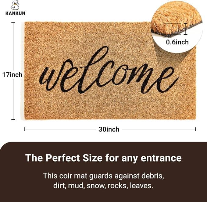 KANKUN Coco Coir Door Mat with Heavy Duty Backing, Welcome Doormat (17