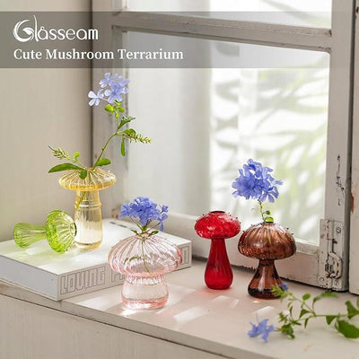 Glasseam Mushroom Glass Planter, Set of 5 Colored Plant Propagation Station, Mini Terrarium for Plants, Unique Small Glass Vase for Flowers, Cute Hydroponic Indoor Planters Gifts for Women Room Decor