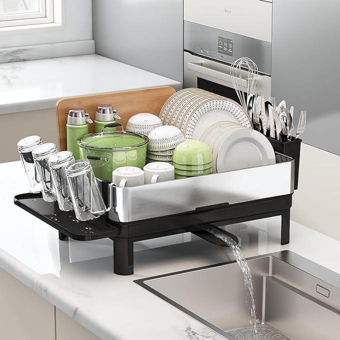 BOOSINY Stainless Steel Dish Drying Rack, Dish Racks for Kitchen Counter, Rust Proof Dish Drainer and Drainboard Set, Small Dryer with Drainage, Utensil Holder and Cup Holder