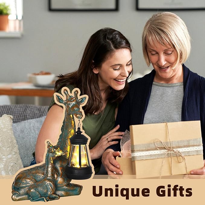 Solar Garden Decor - Mother Baby Giraffe Statue with Solar Lantern 9.7