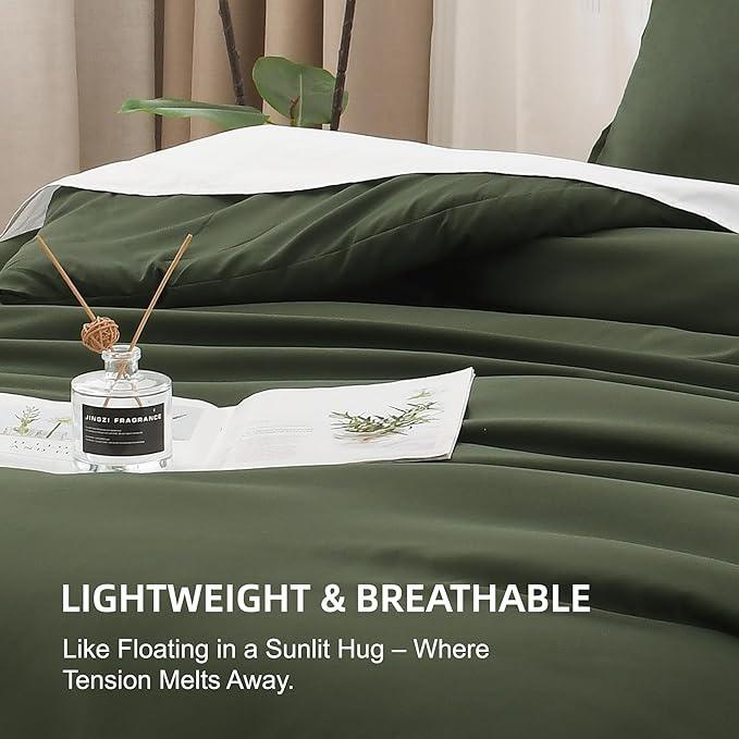 Litanika Comforters Olive Green Oversized Queen Size, 3 Pieces Lightweight Solid Bedding Comforter Set, All Season Fluffy Bed Set (98x98In Comforter & 2 Pillowcases)