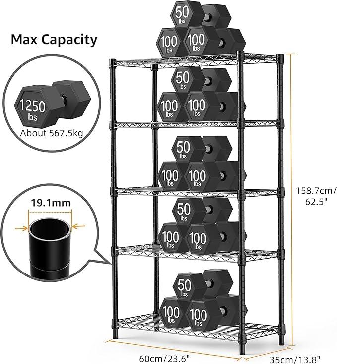 1250 lbs Storage Shelving Utility Shelving Unit 5-Tier Utility Shelving Unit Steel Organizer Wire Rack for Home,Kitchen,Office (13.7