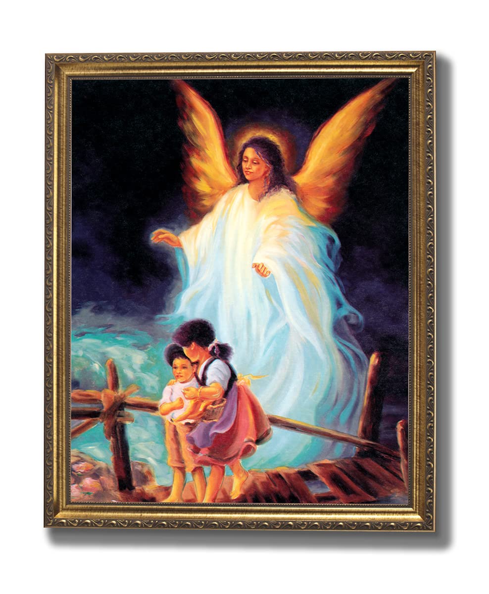 Guardian Angel Art Print – African American 8x10 Framed Religious Wall Art With Gold Frame