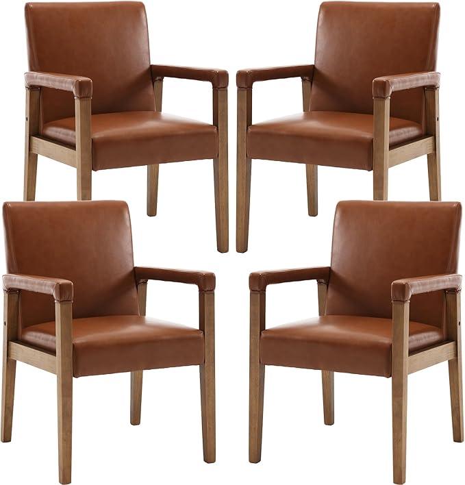 Mid Century Modern Dining Chairs Set of 4 Faux Leather Upholstered Living Room Side Chair, Kitchen Arm Chair with Solid Wood Legs for Home Kitchen & Restaurant, PU Brown