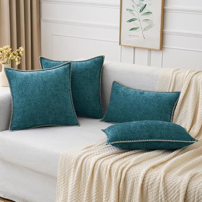 MIULEE Pack of 2 Couch Throw Pillow Covers 12x20 Inch Dark Teal Farmhouse Decorative Pillow Covers with Stitched Edge Soft Chenille Solid Dyed Spring Pillow Covers for Sofa Bed Living Room