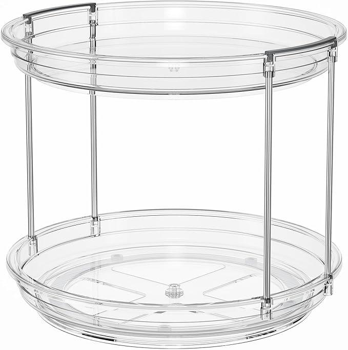 LAMU 10.6in Rotating Makeup Organizer for Vanity, 2 Tier Lazy Susan Turntable Stackable Spinning Skincare Organizer Cosmetic Perfume Tray for Bathroom Counter, Large Capacity, Clear