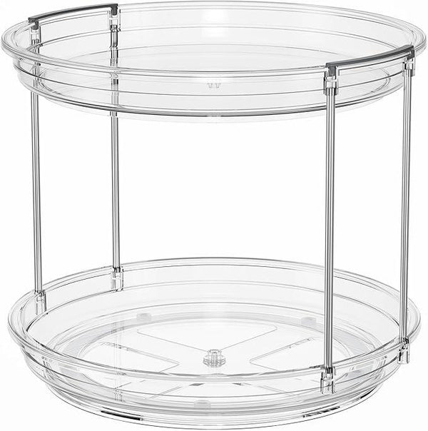 LAMU 10.6in Rotating Makeup Organizer for Vanity, 2 Tier Lazy Susan Turntable Stackable Spinning Skincare Organizer Cosmetic Perfume Tray for Bathroom Counter, Large Capacity, Clear