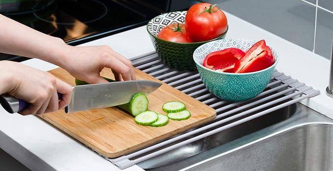 Surpahs Over Sink Foldable Multipurpose Roll-Up Dish Drying Rack, Silicone Wrapped Stainless Steel, Warm Gray, 17.5