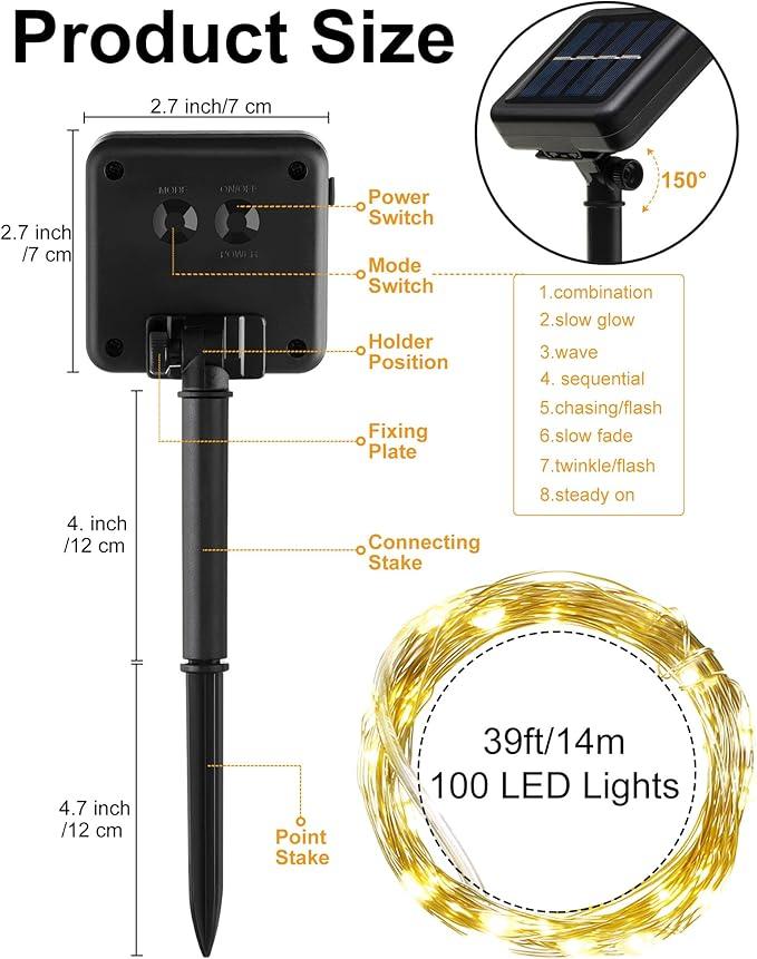 Treela 9 Pack Solar String Lights for Outside, 39 ft 100 LED Outdoor Fairy Lights Waterproof Copper Wire 8 Modes Solar Twinkle Lights for Patio Garden Tree Yard Party Decor(Warm White)