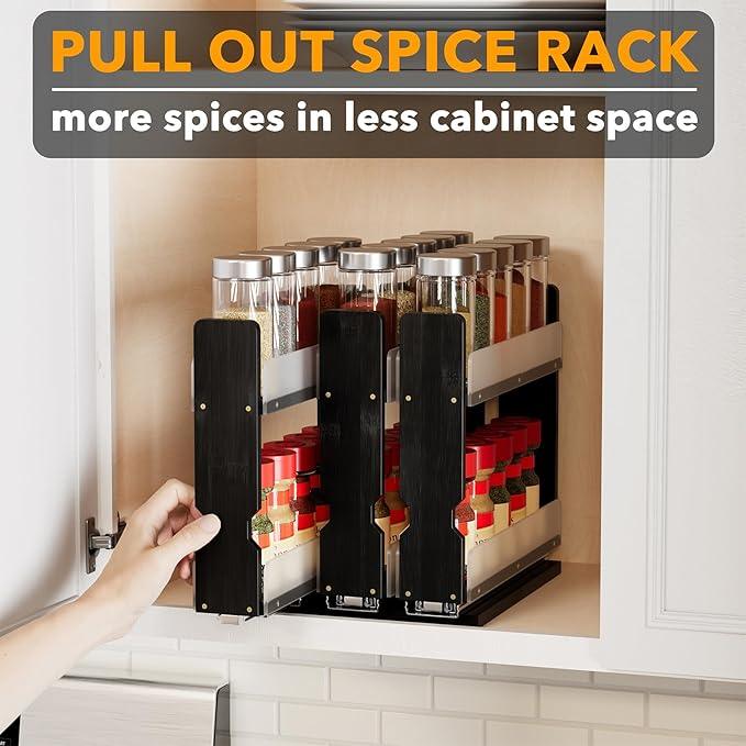 SpaceAid Bamboo Pull Out Spice Rack Organizer for Cabinet, Heavy Duty Slide Out Seasoning Kitchen Pantry Sliding Vertical Organization, 7.6