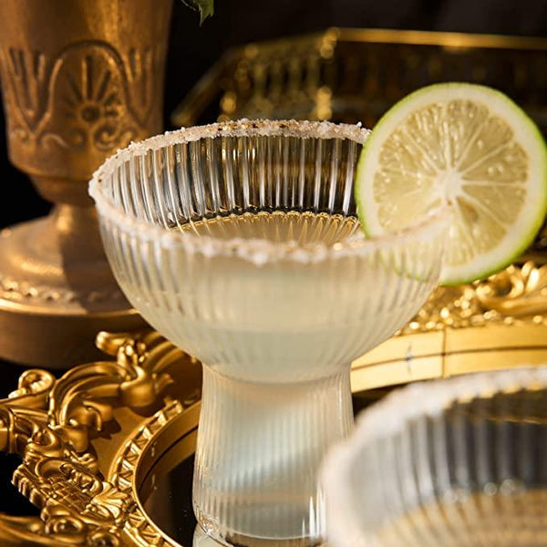 Ribbed Stemless Margarita, Martini & Champagne Glasses with Gold Rim - Set of 2 - Hand Blown Cocktail Luxury Coupe – Large Party, Elegant Ripple Design, Gilded, Premium Hand Blown Glassware (10 OZ)