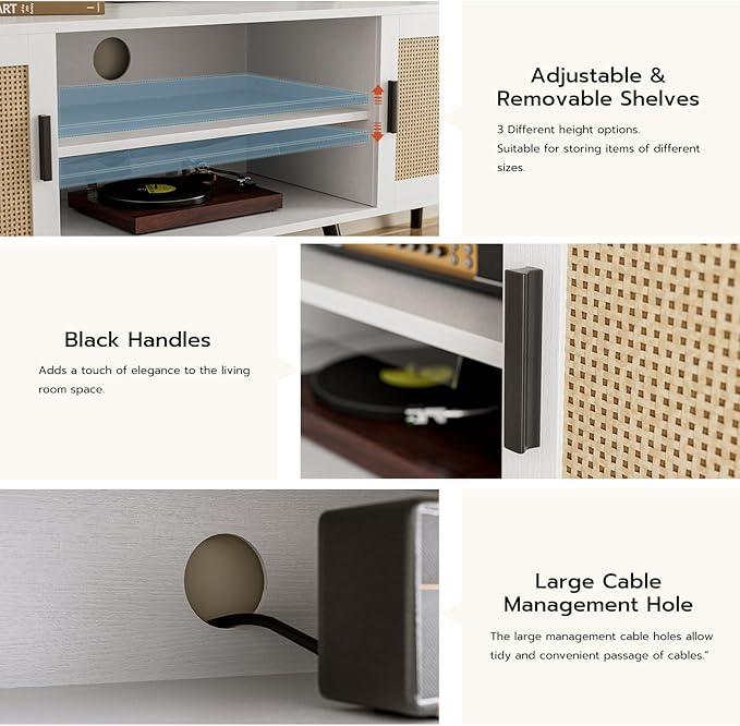 TV Stand for TVs up to 65'', Mid Century Modern Entertainment Center with Rattan Door, Shelves & 2 Cabinets, Boho Media TV Console for Living Room, Bedroom, White