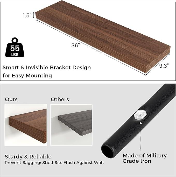Floating Shelves - 2 Large Wall Mounted Shelves with Invisible Brackets, Long Walnut Wood Floating Wall Shelf for Living Room, Bedroom, Kitchen (36
